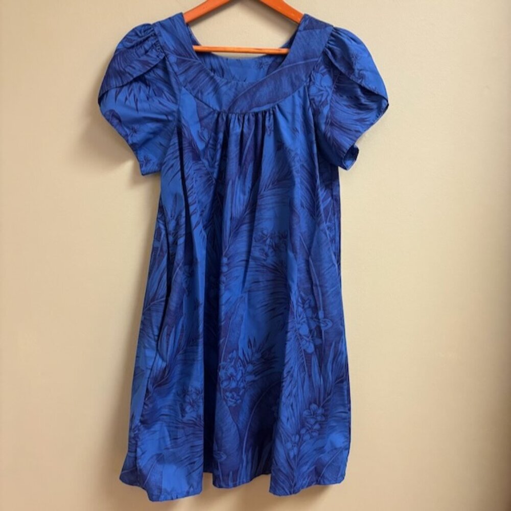 Vintage Y Not Hawaii Womens Dress Size S Blue‎ Muumuu Puff Sleeve Aloha Floral